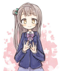  1girl amakaze_sora blue_jacket blush bow brown_eyes brown_hair closed_mouth collared_shirt diagonal-striped_bow floral_background grey_skirt jacket long_hair looking_at_viewer love_live! love_live!_school_idol_project minami_kotori one_side_up pink_bow shirt skirt smile solo striped_bow very_long_hair white_background white_shirt 