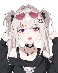  1girl :d absurdres bare_shoulders black_choker black_nails choker commentary eyewear_on_head facial_mark hair_ornament hair_ribbon heart heart_facial_mark highres honkai:_star_rail honkai_(series) jewelry long_hair long_sleeves looking_at_viewer necklace nicel official_alternate_costume official_alternate_hairstyle pink_eyes ribbon ring simple_background smile solo sparkle_(honkai:_star_rail) sparxie_(candy-coated_waves)_(honkai:_star_rail) sparxie_(honkai:_star_rail) sunglasses twintails two_side_up upper_body v white_background white_hair x_hair_ornament 