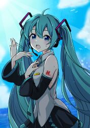  1girl absurdres ahoge aqua_hair aqua_necktie aqua_trim bare_shoulders black_skirt black_sleeves blue_eyes breasts commentary_request day dec_madoka detached_sleeves fanning_self flying_sweatdrops grey_shirt hair_between_eyes hair_intakes hair_ornament hand_on_own_chest hatsune_miku headset highres hot light_blush long_hair looking_at_viewer necktie open_mouth outdoors pleated_skirt shirt shoulder_tattoo simple_bird skirt sleeveless sleeveless_shirt small_breasts solo sweat tattoo teeth tie_clip twintails upper_body upper_teeth_only very_long_hair vocaloid wide_sleeves wing_collar 