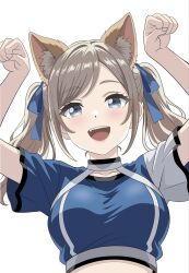  1girl above-cleavage_cutout animal_ear_fluff animal_ear_hairband animal_ears arms_up blue_eyes blue_ribbon blue_shirt blush breasts ceras_yanagida_lilienfeld clothing_cutout collarbone commentary_request crop_top fake_animal_ears fang fox_ears hair_ribbon hairband highres hokkaido_nippon-ham_fighters large_breasts looking_at_viewer love_live! love_live!_hasu_no_sora_jogakuin_school_idol_club love_love_comedy paw_pose ribbon shirt short_sleeves sidelocks solo teeth twintails upper_teeth_only virtual_youtuber 