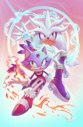  1boy 1girl animal_ears arm_up artist_name blaze_the_cat boots cat_ears cat_girl cat_tail closed_mouth coat commentary english_commentary eyelashes fire forehead_jewel fur-trimmed_gloves fur-trimmed_shoes fur-trimmed_sleeves fur_trim furry furry_female furry_male gem gloves gold_necklace gradient_background highres jacket jewelry looking_at_viewer magic necklace pants ponytail purple_boots purple_coat purple_fur pyrokinesis red_gem red_shoes shoes smile sonic_(series) spacecolonie tail topknot water white_gloves white_pants yellow_eyes 