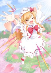  1girl :d absurdres arms_up blonde_hair blue_sky blush boots bow bowtie capelet cherry_blossoms closed_eyes clouds commentary_request day dress facing_viewer fairy fairy_wings falling_petals footwear_bow frilled_capelet frilled_dress frills hat hat_bow highres lens_flare lily_white long_hair long_sleeves open_mouth orange_wings outdoors petals pink_petals red_bow red_bowtie romaji_commentary sky smile solo toogeruu touhou very_long_hair white_boots white_capelet white_dress white_hat wide_sleeves wings 
