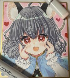  1girl animal_ears art_tools_in_frame black_vest blue_capelet capelet commentary grey_hair heart heart-shaped_pupils highres jewelry long_sleeves looking_at_viewer mouse_ears mouse_girl nazrin necklace open_mouth pendant photo_(medium) red_eyes shikishi smile solo symbol-shaped_pupils touhou traditional_media untranslatable_commentary vest zenra1112 