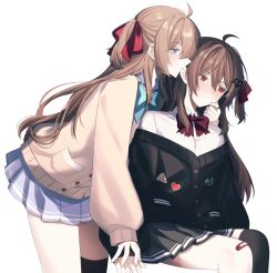  2girls absurdres ahoge aqua_bow aqua_bowtie bandaid bandaid_on_knee bandaid_on_leg biting biting_ear black_cardigan black_skirt black_thighhighs blue_eyes blue_sailor_collar blue_skirt blush bow bowtie broken_heart broken_heart_hair_ornament brown_hair cardigan collared_shirt commentary commission cowboy_shot dress_shirt evil_neuro-sama evil_neuro-sama_(1st_costume) from_side hair_between_eyes hair_ornament hair_ribbon heart heart_hair_ornament highres incest long_hair long_sleeves miniskirt multiple_girls neuro-sama neuro-sama_(1st_costume) off-shoulder_cardigan pleated_skirt profile red_bow red_bowtie red_eyes red_ribbon ribbon ritzchrono sailor_collar shirt siblings simple_background single_thighhigh sisters sitting skirt thigh-highs third-party_source torn_bowtie twincest twins two_side_up vedal_ai virtual_youtuber white_background white_shirt yellow_cardigan yuri 