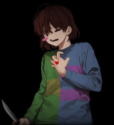 2024 2d 2others ambiguous_gender black_background blue_sweater brown_hair chara_(undertale) digital_media double_horizontal_stripe duo frisk_(undertale) glitch green_sweater hands_on_own_chest heart highres holding holding_knife horizontal-striped_clothes human knife long_sleeves multiple_others other_focus p_ch3c00h pants pink_stripes pixel_heart shirt short_hair simple_background single_horizontal_stripe striped_clothes striped_sweater teeth two-tone_shirt undertale upper_body utdr_(toby_fox) white_background yellow_stripes