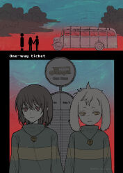  1boy 1other absurdres androgynous animal_ears asriel_dreemurr brown_hair bus bus_stop bus_stop_sign chara_(undertale) closed_mouth commentary_request deltaebiko0721 furry furry_male green_sweater hair_between_eyes heart heart_necklace highres holding_hands jewelry long_sleeves motor_vehicle necklace red_eyes short_hair standing sweater twitter_username undertale utdr_(toby_fox) 