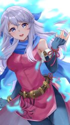  1girl aura bangle bare_shoulders belt black_gloves blue_aura blue_pantyhose blue_scarf blush bracelet breasts brown_belt commentary_request dress elbow_gloves ell_0314 emblem_(fire_emblem_engage) fingerless_gloves fire_emblem fire_emblem:_radiant_dawn fire_emblem_engage gloves grey_hair hair_ribbon highres jewelry long_hair looking_at_viewer medium_breasts micaiah_(fire_emblem) open_mouth pantyhose ribbon scarf side_slit simple_background sleeveless sleeveless_dress smile solo yellow_eyes 
