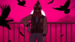 1boy against_railing backlighting bandaged_hand bandages belt bird brown_jacket chicken_mask cigarette clouds commentary commentary_request cowboy_shot crow denim falling_feathers feathers flock highres holding holding_cigarette hotline_miami id_kaeta jacket jacket_(hotline_miami) jeans letterman_jacket male_focus moon outdoors pants pink_sky railing short_hair sky solo sun 