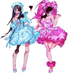  2girls alien_stage bandana black_hair bleeehoran37224 blush bow commentary dress elbow_gloves english_commentary full_body gloves hair_between_eyes highres long_hair looking_at_viewer microphone mizi_(alien_stage) mizi_(zombie_stage) multiple_girls off-shoulder_dress off_shoulder pink_bow pink_dress pink_hair smile standing sua_(alien_stage) sua_(zombie_stage) twintails violet_eyes white_bandana white_dress white_gloves zombie_stage 