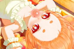  1girl absurdres ahoge alternate_costume animal_ear_fluff animal_ears blowing_bubble_gum blush bright_pupils chewing_gum collarbone commentary frills furry furry_female highres long_hair looking_at_viewer lying official_alternate_costume on_back open_mouth pink_fur pink_hair rabbit_ears rabbit_girl red_eyes shirt short_eyebrows solo thick_eyebrows untranslatable_commentary white_pupils yamisroot zenless_zone_zero zhao_(zenless_zone_zero) 