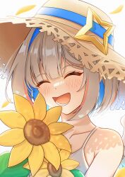  1girl absurdres akagawashake amane_kanata bare_shoulders blue_hair blush closed_eyes collarbone commentary_request dress feathered_wings flower grey_hair hat highres hololive multicolored_hair open_mouth pink_hair smile solo streaked_hair sun_hat sundress sunflower upper_body virtual_youtuber white_wings wings 
