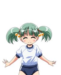  1girl ^_^ blush buruma closed_eyes closed_mouth cowboy_shot flat_chest game_asset green_hair gym_shirt gym_uniform large_variant_set lowres manjuverunu_no_sen_otome non-web_source official_art open_hands outstretched_arms self-datamine shirt short_sleeves simple_background siubomanjyu smile solo spread_arms standing tachi-e tama_tamara_tabasa_(manjuverunu) transparent_background twintails variant_set 