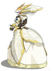  adapted_costume coat_of_arms copyright_request exposed_internal_machinery fins from_side full_body glowing glowing_eyes head_fins looking_to_the_side mecha mecha_focus mecha_request no_humans pink_eyes robot white_background za_cln 