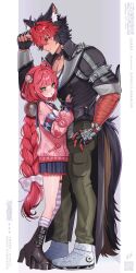  1boy 1girl ahoge animal_ear_piercing animal_ears black_boots black_hair black_sailor_collar black_skirt blush boots braid braided_twintails cardigan chest_bow colored_bangs commentary_request couple dog_boy dog_ears dog_tail edajima_denki embarrassed green_eyes green_pants hair_ornament hearing_aid highres jacket jewelry komano_manato long_hair loose_thighhigh multicolored_hair multiple_scars muscular muscular_male necklace open_mouth pants pectorals pink_cardigan platform_boots pleated_skirt red_bandage red_eyes red_hair sailor_collar scar scar_across_eye scar_on_chest scar_on_face shirt shoes short_hair size_difference skirt sneakers sphere_hair_ornament spiked_jacket standing sweat tail thigh_strap twin_braids twintails two-tone_hair ukinami_yuzuha very_long_hair white_shirt zenless_zone_zero 