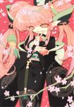  blade_(artist) blade_(lovewn) cherry_blossoms fingerless_gloves gloves highres japanese_clothes kimono long_hair pink_eyes pink_hair pointy_ears scan twintails 