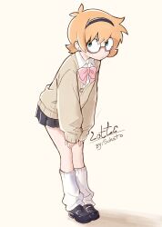  1girl black_skirt blush bow bowtie cardigan commentary dated full_body glasses green_eyes hairband highres leaning_forward little_witch_academia long_sleeves looking_at_viewer loose_socks lotte_jansson miniskirt orange_hair pink_bow pleated_skirt school_uniform semi-rimless_eyewear shirt shoes short_hair simple_background skirt socks solo standing sukato under-rim_eyewear white_socks 