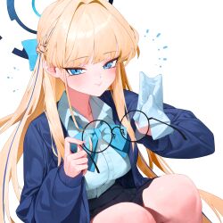  1girl absurdres black_skirt blonde_hair blue_archive blue_bow blue_bowtie blue_cardigan blue_eyes blue_hair blue_halo blush bow bowtie braid breasts cardigan cleaning_eyewear commentary_request glasses hair_bow half_up_braid halo highres looking_at_viewer medium_breasts multicolored_hair onbawa open_cardigan open_clothes round_eyewear shirt skirt smile solo streaked_hair thighs toki_(blue_archive) toki_(school_uniform)_(blue_archive) unworn_eyewear white_shirt 