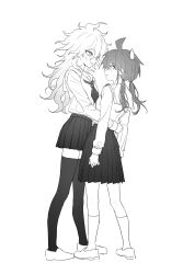  2girls absurdres ahoge blush breasts collared_shirt commentary_request danganronpa:_trigger_happy_havoc danganronpa_(series) danganronpa_2:_goodbye_despair eye_contact hair_between_eyes highres kn0309dg kneehighs komaeda_nagito korean_commentary long_hair long_sleeves looking_at_another low_twintails miniskirt multiple_girls naegi_makoto necktie pleated_skirt shirt shoes skirt small_breasts socks standing teeth thigh-highs twintails yuri zettai_ryouiki 