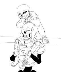 2018 2boys 2d arm_support brothers cape closed_eyes closed_mouth cup digital_media fallenara full_body gloves grin hands_on_another's_head hip_bones holding holding_cup holding_mug hollow_eyes hood hood_down hooded_jacket humanoid jacket lineart long_sleeves male male_focus male_only monochrome monster monster_boy mug multiple_boys open_clothes open_jacket papyrus_(undertale) sans_(undertale) shirt shoes shorts shoulder_carry siblings simple_background sitting skeleton smile sneakers socks spine teeth undead undertale upper_body utdr_(toby_fox) white_background