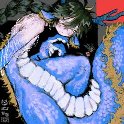  1boy androgynous animal_ear_fluff animal_feet animal_hands black_hair blue_scales borrowed_character braid braided_ponytail claws commentary commission cowboy_shot dragon_boy dragon_ears dragon_horns dragon_tail eastern_dragon_horns eastern_dragon_tail highres horns jewelry long_hair looking_at_viewer male_focus mettaflix monster_boy necklace original pearl_necklace skeb_commission slit_pupils solo tail thick_tail very_long_hair yellow_eyes 
