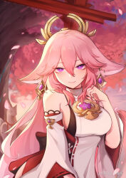  1girl animal_ears bare_shoulders breasts cherry_blossoms cherry_tree chinese_commentary closed_mouth commentary_request detached_sleeves earrings fox_ears fox_girl genshin_impact hair_between_eyes highres japanese_clothes jewelry light_smile long_hair one_eye_closed sideboob sleeping solo tomoe_(symbol) torii tree violet_eyes watermark xiaoan_dk yae_miko 