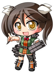  1girl :d black_boots black_hair black_thighhighs blush boots bow bowtie chibi chibi_only commentary_request double-parted_bangs dress full_body green_dress hair_between_eyes hair_ribbon kantai_collection long_hair open_mouth outstretched_arm pointing red_bow red_bowtie ribbon rigging shinjitsu short_dress short_sleeves simple_background single_thighhigh smile solo standing thigh-highs tone_(kancolle) twintails white_background white_ribbon yellow_eyes 