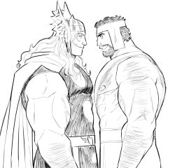  2boys abs beard biceps black_hair cape closed_mouth facial_hair greyscale hatching_(texture) helmet hercules_(marvel) highres linear_hatching lineart long_hair looking_at_another male_focus marvel monochrome multiple_boys muscular muscular_male nipples pectorals profile smile thor_(marvel) thor_(marvel)_(series) thormastersxn white_background winged_helmet 