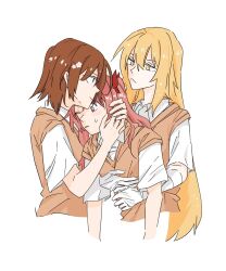  3girls bandaged_arm bandages blonde_hair blush brown_eyes brown_hair commentary_request cropped_torso girl_sandwich highres hug hug_from_behind korean_commentary misaka_mikoto moorang_ee multiple_girls one_eye_closed parted_lips pink_eyes pink_hair sandwiched school_uniform shirai_kuroko shokuhou_misaki short_sleeves simple_background toaru_kagaku_no_railgun toaru_majutsu_no_index tokiwadai_school_uniform upper_body white_background yellow_eyes yuri 