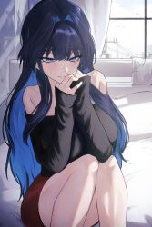  1girl absurdres bare_shoulders black_hair black_shirt blue_eyes blue_hair breasts closed_mouth colored_inner_hair commentary hair_intakes hands_up highres hololive hololive_english hunk_404 indoors knees_together_feet_apart knees_up large_breasts long_hair looking_at_viewer miniskirt multicolored_hair off-shoulder_shirt off_shoulder on_bed ouro_kronii red_skirt shirt sidelocks sitting skirt solo untranslatable_commentary virtual_youtuber 