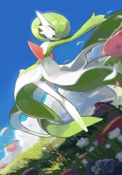  1girl absurdres arm_at_side blue_sky bob_cut closed_eyes colored_skin commentary_request day flat_chest full_body gardevoir green_hair green_skin highres hoppip multicolored_skin open_mouth outdoors outstretched_arm pokemon pokemon_(creature) short_hair sky two-tone_skin white_skin yueryu_(taroyuer2) 