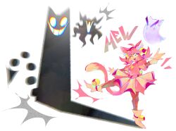  1girl animal_ears bell cat_ears cat_girl chromatic_aberration colored_sclera commentary deltarune english_commentary eram_(deltarune) friend_(deltarune) ghost gloves grin hair_bell hair_ornament heterochromia highres living_shadow mad_dummy_(ghost) mad_mew_mew pink_eyes pink_hair pink_sclera playcenter smile utdr_(toby_fox) yellow_eyes yellow_sclera 
