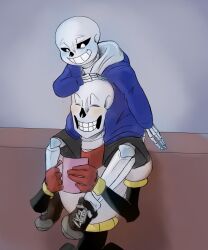  2018 2boys 2d arm_support black_shoes black_shorts blue_jacket brothers cape closed_eyes closed_mouth cup digital_media fallenara full_body gloves grey_background grin hands_on_another's_head hip_bones holding holding_cup holding_mug hollow_eyes hood hood_down hooded_jacket humanoid jacket long_sleeves male male_focus male_only monster monster_boy mug multiple_boys open_clothes open_jacket papyrus_(undertale) red_cape red_gloves sans_(undertale) shirt shoes shorts shoulder_carry siblings simple_background sitting skeleton smile sneakers socks spine teeth undead undertale upper_body utdr_(toby_fox) white_hood white_shirt white_socks 