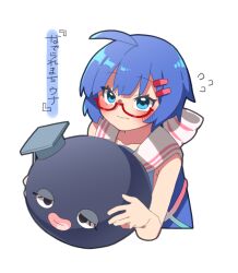  1girl ahoge armpit_crease bare_arms bare_shoulders blue_eyes blue_hair blue_shirt blunt_bangs blush closed_mouth commentary_request cropped_torso datemegane glasses hair_ornament hairclip hat highres holding holding_unworn_clothes holding_unworn_hat otomachi_una parallel_hairclips red-framed_eyewear round_eyewear sailor_collar semi-rimless_eyewear shirt short_hair simple_background sleeveless sleeveless_shirt solo translation_request under-rim_eyewear unworn_hat unworn_headwear voiceroid white_background white_sailor_collar 