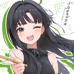  1girl ahoge awa_subaru black_hair black_sweater blush commentary_request drop_shadow drumsticks eyelashes fingernails girls_band_cry hair_intakes hair_ribbon holding holding_drumsticks karu_(calpis8222) long_hair one_eye_closed open_mouth outline portrait ribbon sidelocks sleeveless sleeveless_sweater smile solo sweater teeth translation_request twitter_username upper_teeth_only violet_eyes white_background white_outline white_ribbon 