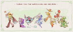  2girls 2others 3boys 7_colored_flowers_(deltarune) :3 :d animal_ears animal_nose antennae apron aqua_(deltarune) aqua_dress arm_up back_bow ballerina ballet_slippers black_hair black_sheep blonde_hair blue_(deltarune) blue_dress book boots bow brown_pants buck_teeth chef_hat closed_eyes commentary cowboy cowboy_boots deltarune detached_sleeves dress floral_print flower flowery_(deltarune) full_body glasses gloves green_(deltarune) green_apron green_background green_bow green_dress green_hat green_shoes green_vest half-closed_eyes hand_up hat highres holding holding_book holding_hands holding_knife jacket jacket_on_shoulders jumping knife long_hair looking_at_another looking_at_viewer lumfishhhy medium_hair mouse_(animal) mouse_ears mouse_tail multiple_boys multiple_girls multiple_others no_feet opaque_glasses orange_(deltarune) orange_boots orange_gloves orange_jacket orange_pants orange_shorts orange_vest pants partially_opaque_glasses plunging_neckline puff_of_air purple_hair purple_shawl salute seth_(deltarune) shawl shirt shoes short_hair shorts smile tail teeth tongue tongue_out tutu two-tone_vest utdr_(toby_fox) vest waving white_shirt yellow_(deltarune) yellow_background 
