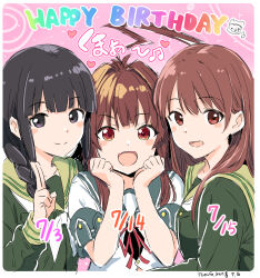  3girls ahoge black_eyes black_hair blunt_bangs braid braid_over_shoulder brown_eyes brown_hair commentary_request cosplay dated green_sailor_collar green_serafuku hair_over_shoulder happy_birthday hug huge_ahoge kantai_collection kitakami_(kancolle) kitakami_(kancolle)_(cosplay) kitakami_(sasebo_2026)_(kancolle) kuma_(kancolle) kuma_kai_ni_(kancolle) matching_outfits mochisaka_mitsuki multiple_girls neckerchief ooi_(kancolle) pink_background sailor_collar school_uniform serafuku shirt single_braid upper_body white_neckerchief white_shirt yellow_sailor_collar 