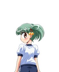  1girl blush brown_eyes buruma closed_mouth cowboy_shot embarrassed flat_chest from_behind game_asset green_hair gym_shirt gym_uniform large_variant_set looking_at_viewer lowres manjuverunu_no_sen_otome non-web_source official_art profile self-datamine shirt short_sleeves simple_background siubomanjyu solo standing tachi-e tama_tamara_tabasa_(manjuverunu) transparent_background twintails variant_set 
