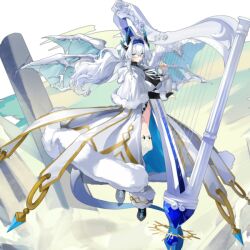  1girl argyro_(monmusu_td) artist_request black_shoes blue_eyes blue_hairband bodysuit bra breasts capelet dragon_girl dragon_horns dragon_tail dragon_wings fur-trimmed_capelet fur-trimmed_jacket fur_trim glasses hairband holding_harp horns jacket large_breasts long_hair low_ponytail monster_musume_td multiple_wings official_art ponytail shoes solo tail thigh-highs underwear white_background white_bra white_capelet white_hair white_jacket white_thighhighs white_wings wings 