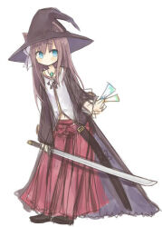  1girl amakaze_sora animal_ears black_hat black_robe black_shoes blue_eyes brown_hair closed_mouth ears_through_headwear full_body hair_between_eyes hakama hat holding holding_sword holding_weapon japanese_clothes katana long_hair navel open_clothes open_robe original red_hakama robe shirt shoes simple_background solo standing sword unsheathed weapon white_background white_shirt witch_hat 