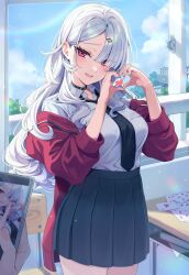  1girl 1other ace_(playing_card) ace_of_hearts beret black_choker black_necktie black_skirt blunt_bangs blush breasts card cellphone chair choker clouds collared_shirt commentary_request cowboy_shot day desk eyes_visible_through_hair grey_hair hair_ornament hair_over_one_eye hairclip hands_up hat heart heart_hands heart_in_heart_hands highres holding holding_phone indoors jacket large_breasts long_hair long_sleeves looking_at_viewer necktie off_shoulder open_clothes open_jacket open_mouth original out_of_frame phone playing_card pleated_skirt rainbow red_eyes red_jacket ringozaka_mariko shirt shirt_tucked_in skirt smile solo_focus white_hair white_shirt window 