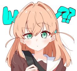  1girl :/ aqua_eyes blush brown_dress closed_mouth collarbone commentary_request crossed_bangs dress hair_intakes hair_ornament hasu_no_sora_school_uniform highres hinoshita_kaho holding_strap love_live! love_live!_hasu_no_sora_jogakuin_school_idol_club medium_hair momiji_(moj_0404) neckerchief orange_hair portrait rabbit_hair_ornament raised_eyebrow red_neckerchief sailor_collar sailor_dress school_uniform simple_background solo translation_request uneven_eyes virtual_youtuber white_background white_sailor_collar winter_uniform 