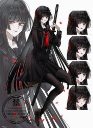  1girl absurdres black_hair black_sailor_collar black_serafuku commentary commission earrings hair_ornament highres holding holding_sword holding_weapon jewelry katana kayoi loafers long_hair long_sidelocks multiple_expressions neckerchief original red_eyes red_lips red_nails red_neckerchief sailor_collar school_uniform serafuku sheath sheathed shoes sidelocks sword thigh-highs untranslatable_commentary very_long_sidelocks weapon 