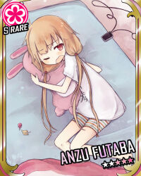  1girl amakaze_sora blush brown_hair candy card_(medium) card_parody cellphone cinderella_girls_card_parody clothes_writing commentary_request food futaba_anzu idolmaster idolmaster_cinderella_girls lollipop long_hair low_twintails lying on_side open_mouth phone red_eyes shirt short_sleeves shorts solo star_(symbol) striped_clothes striped_shorts stuffed_animal stuffed_rabbit stuffed_toy twintails very_long_hair wavy_mouth white_shirt 