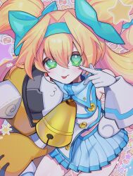  1girl akanbe aqua_bow aqua_hairband bare_shoulders bell blazblue blonde_hair blue_skirt blue_trim bow character_doll closed_mouth commentary cowbell cowboy_shot dated doll eyelid_pull gloves green_eyes hair_between_eyes hair_bow hairband heart heart-shaped_pupils highres holding holding_stuffed_toy jubei_(blazblue) light_blush long_hair looking_at_viewer low-tied_long_hair low_wings mariri_png midriff_peek miniskirt neck_bell platinum_the_trinity quad_tails shirt skirt sleeveless sleeveless_shirt solo star_(symbol) stuffed_animal stuffed_cat stuffed_toy symbol-shaped_pupils tongue tongue_out two_side_up v-shaped_eyebrows very_long_hair white_gloves white_shirt wings 