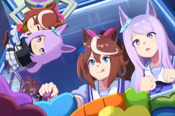 3girls agnes_digital_(umamusume) ago_(owenanaken) animal_ears aqua_bow arcade arcade_cabinet ascot black_jacket black_skirt blue_eyes blush bow bowtie brown_hair character_doll closed_mouth coat controller crane_game doll ear_bow ear_ribbon epaulettes frilled_coat frilled_jacket frills hair_between_eyes hair_bow highres holding holding_doll horse_ears horse_girl horse_tail jacket joystick kitasan_black_(gilded_shrine_to_glory)_(umamusume) kitasan_black_(umamusume) long_hair long_sleeves mejiro_mcqueen_(frontline_elegance)_(umamusume) mejiro_mcqueen_(umamusume) multicolored_hair multiple_girls open_mouth pink_ascot pink_hair ponytail puffy_short_sleeves puffy_sleeves purple_bow purple_bowtie purple_hair purple_shirt sailor_collar sailor_shirt satono_diamond_(natural_brilliance)_(umamusume) satono_diamond_(umamusume) school_uniform shirt short_sleeves single_epaulette single_hair_streak skirt smile streaked_hair stuffed_toy tail tokai_teio_(peak_joy)_(umamusume) tokai_teio_(umamusume) tongue tongue_out tracen_school_uniform two-tone_hair umamusume violet_eyes white_hair white_jacket white_sailor_collar white_skirt white_streaks 