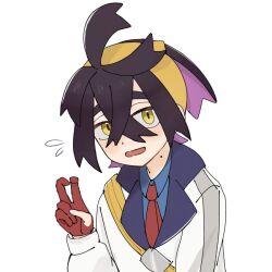  1boy ahoge black_hair blue_shirt collared_shirt colored_inner_hair commentary_request crossed_bangs flying_sweatdrops gloves hair_between_eyes hairband hand_up jacket kieran_(pokemon) long_sleeves looking_at_viewer male_focus mole mole_on_neck multicolored_hair necktie open_mouth partially_fingerless_gloves pokemon pokemon_scarlet_and_violet red_gloves red_necktie shirt simple_background solo upper_body v white_background white_jacket yellow_eyes yellow_hairband zerozerokiss 