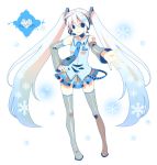  8055 alternate_color alternate_hair_color detached_sleeves hatsune_miku headset legs long_hair necktie patterned skirt smile snowflakes solo thigh-highs thighhighs twintails very_long_hair vocaloid white_hair yuki_miku zettai_ryouiki 