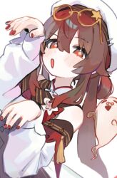  1girl bare_shoulders blush boo_tao_(genshin_impact) brown_hair ca_cq commentary_request eyewear_on_head flower-shaped_pupils genshin_impact hair_between_eyes hat highres hu_tao_(cherries_snow-laden)_(genshin_impact) hu_tao_(genshin_impact) jacket long_hair looking_at_viewer official_alternate_costume open_mouth red-tinted_eyewear red_eyes red_nails solo symbol-shaped_pupils tinted_eyewear white_hat white_jacket yellow-framed_eyewear 