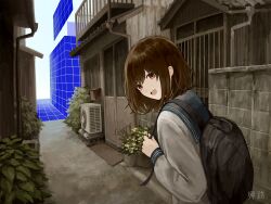  1girl :d alley artist_name backpack bag black_bag blue_sailor_collar brown_eyes brown_hair building commentary condenser_unit day from_behind glitch hand_up highres holding_strap kiro_(ntcm8883) long_sleeves looking_at_viewer looking_back medium_hair open_mouth original outdoors plant sailor_collar school_uniform serafuku shirt smile solo standing turning_head upper_body white_shirt 