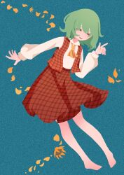  1girl ascot barefoot blue_background collared_shirt commentary frilled_skirt frills full_body green_hair kazami_yuuka long_sleeves medium_hair open_clothes open_mouth open_vest plaid_clothes plaid_skirt plaid_vest red_eyes red_skirt red_vest shirt skirt skirt_set smile so3 solo toes touhou vest white_shirt yellow_ascot 